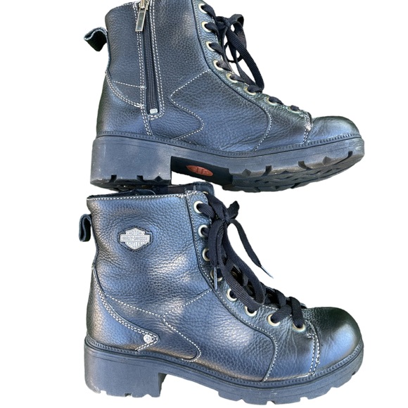 HARLEY DAVIDSON LEATHER LACEUP BLACK BOOTS WITH SIDE ZIPPER SIZE 9.5. 2” HEEL - Picture 1 of 9